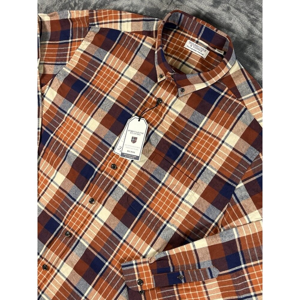 ROUNDTREE & YORKE Long Sleeve Plaid Portuguese Flannel Shirt Brick Navy Mens 2XB